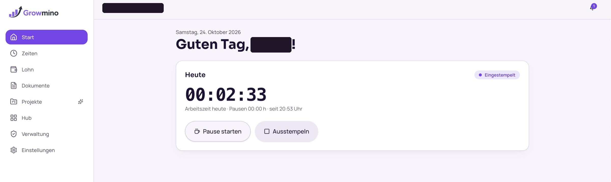 Growmino One HR: Startseite mit laufender Stempeluhr, Pause starten und Ausstempeln
