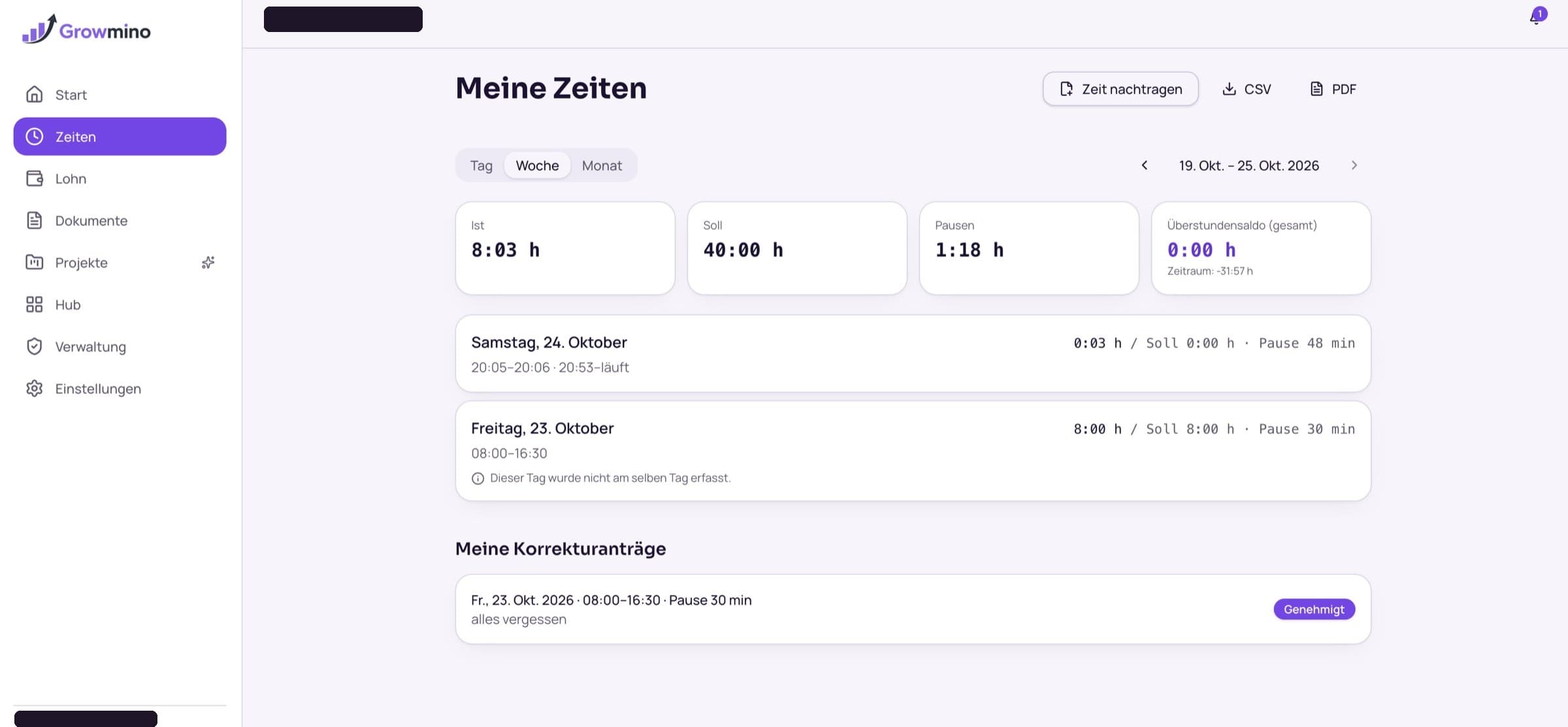 Growmino One HR: Wochenübersicht mit Ist-, Soll- und Pausenzeiten, Überstundensaldo und genehmigtem Korrekturantrag